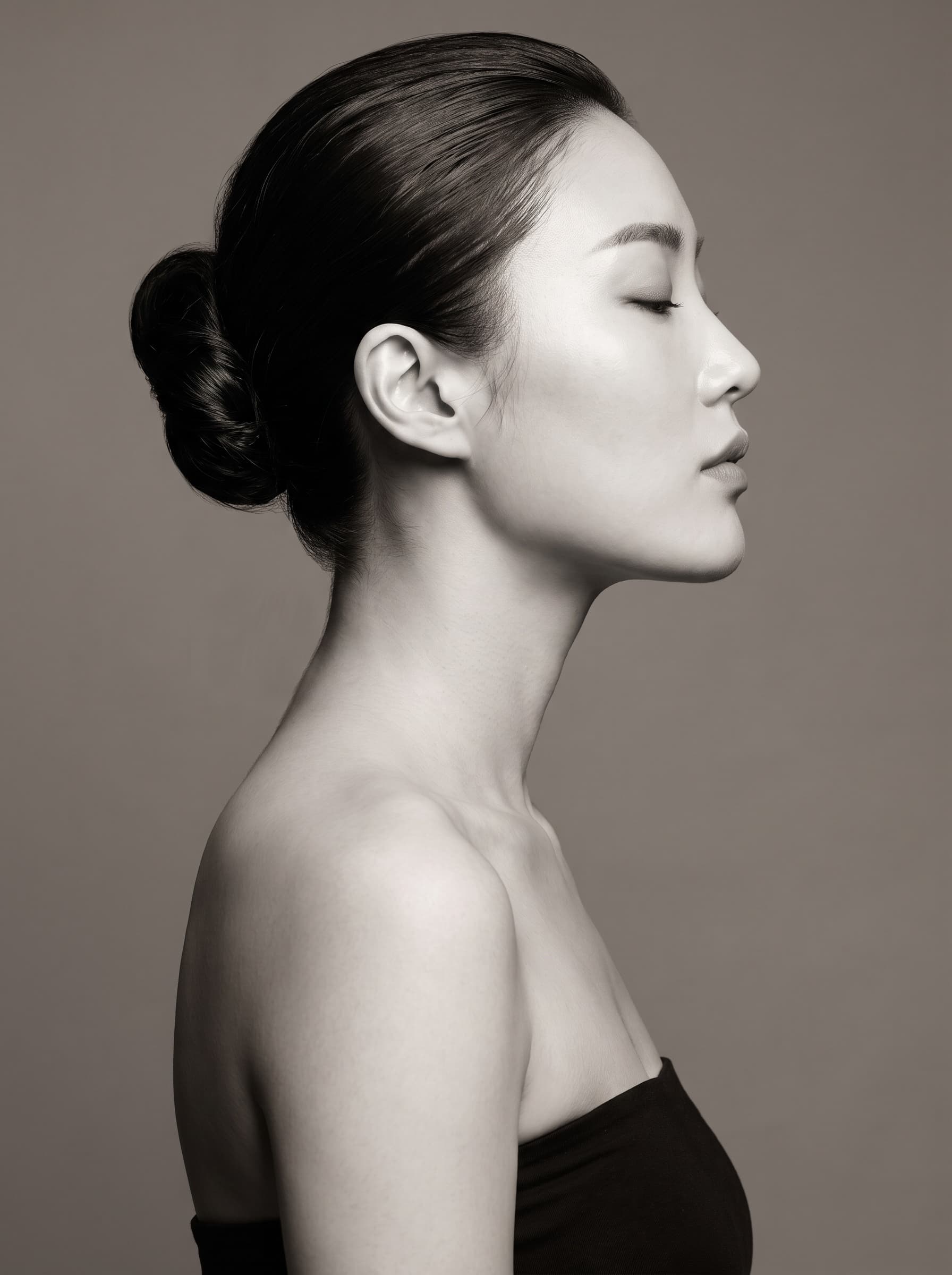 흑백 화보 톤의 옆얼굴 인물 컷 — 온더성형외과의원이 지향하는 절제된 선